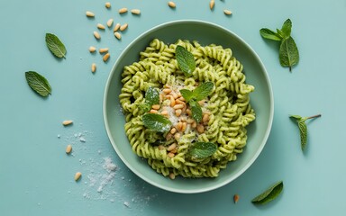 Overhead shot of delicious pasta with pesto, mint and pine nuts
