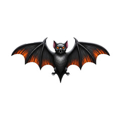 Fototapeta premium A stylized bat with orange and black wings spreads, looking out with piercing orange eyes, isolated.