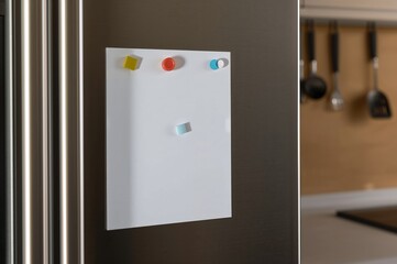 Magnetic clips holding a paper on a refrigerator door with room for text