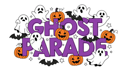 Ghostly Parade: An eerie scene unfolds with a festive ghost parade, featuring playful ghosts, grinning pumpkins, and bats against a purple background, perfect for Halloween celebrations.
