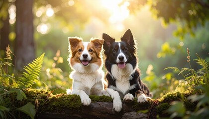 Fototapeta premium Two Border Collies Sitting on a Mossy Log in a Forest with Golden Sunlight