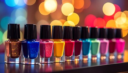 Colorful Nail Polish Bottles in a Row with Bokeh Background.