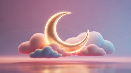 Golden crescent moon on fluffy clouds in a dreamy night sky