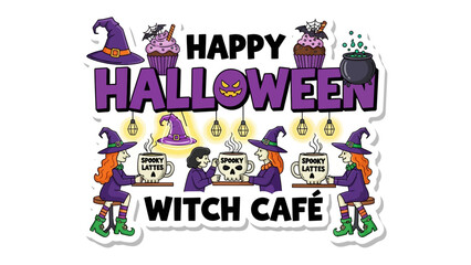 Happy Halloween Witch Cafe: A charming and whimsical scene invites you to a Witch Cafe for a spooky Halloween celebration. The image features a playful arrangement of festive elements.