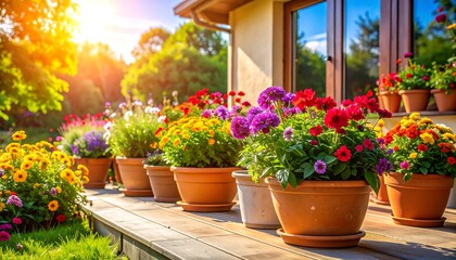 Beautiful Potted Flowers on a Sunny Porch.