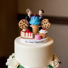 Gay wedding cake topper with two grooms, cookies, cupcakes, and a slice of cake, celebrating love and sweet beginnings