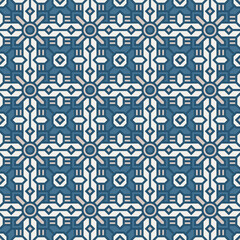 Geometric Tile Traditional Seamless Pattern in Blue and Beige Colors