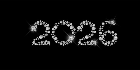 Vector. Silver numbers with diamonds, precious stones on a black background. Luxury elegant Christmas 2026 greeting card, banner, party invitation for jewelry stores, beauty salons, for women.