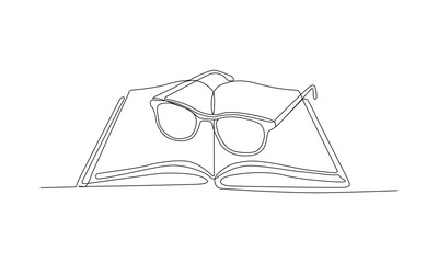 Continuous one-line drawing of an open book with eyeglasses isolated on a transparent background