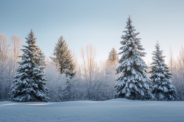 Fototapeta premium Evergreen trees set against a snowy landscape