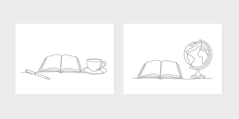 Minimal continuous line drawing of education and learning symbols