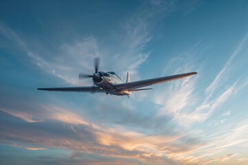 Naklejka premium Compact Aircraft Against a Blue and Orange Cloud-Filled Sky