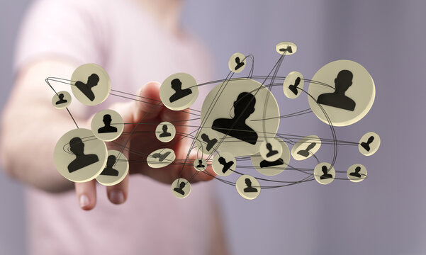 Conceptual image showing interconnected silhouette people, suggesting networking, teamwork, and social media connections in a digital space.