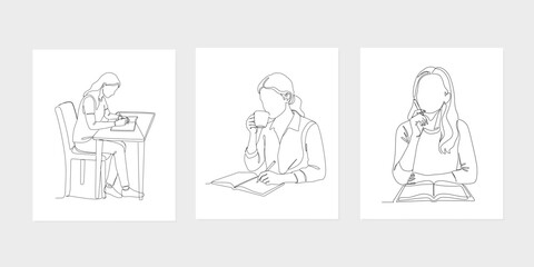 Single line drawing of women studying, thinking, and writing, illustration bundle