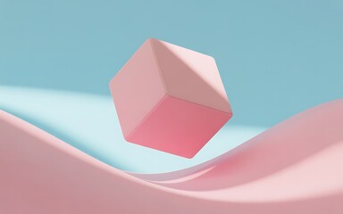 Abstract pink cube on a wavy surface against a blue background