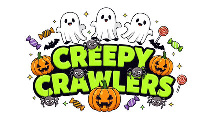 Creepy Crawlers: A spooky illustration of Halloween elements with ghosts, spiders, and pumpkins to create an eerie atmosphere for celebrating the holiday.