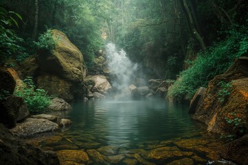 Miniature waterfalls with misty water effect in a lush green forest setting