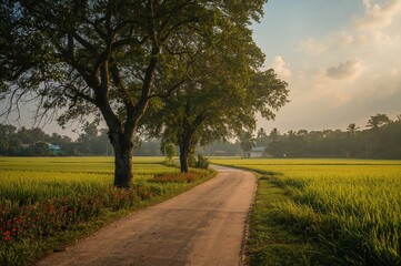 Narrow pathway at the rice research facility in a rural area