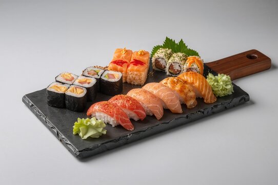 Assorted sushi rolls and sashimi arranged on a rustic wooden platter featuring salmon and shrimp