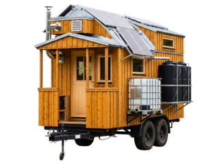 Mobile tiny house on wheels with solar panels for off-grid living on a transparent background