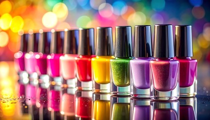 Colorful Nail Polish Bottles Lined Up Displayed Artfully.