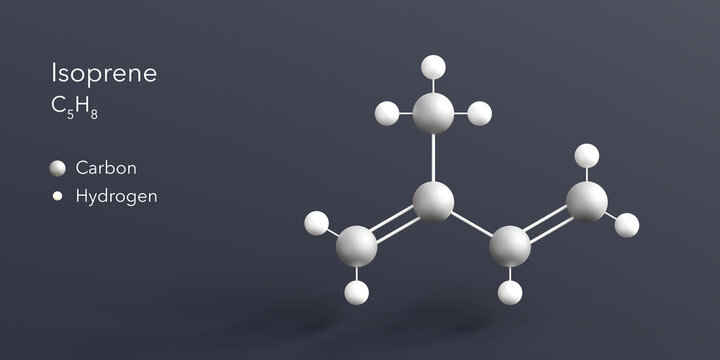 isoprene molecule 3d rendering, flat molecular structure with chemical formula and atoms color coding