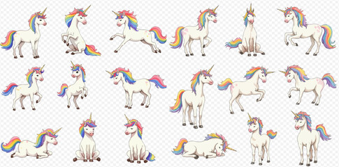 Collection of cartoon unicorns in various poses with rainbow manes and tails. © studio