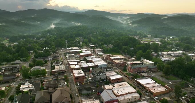 Aerial view of Brevard, North Carolina. Historic small town architecture in Appalachian Mountains, with classic American charm and scenic mountain surroundings.