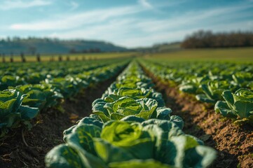 Fototapeta premium Close-up view of fresh green cabbage growing in rows during spring.