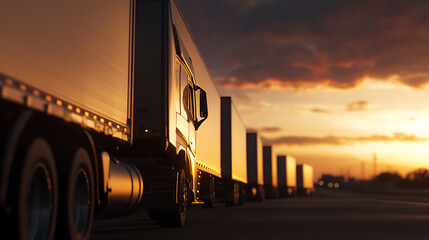 Trucks aligned on a highway against a vibrant sunset. Road transport and logistics at dusk, showcasing the journey of goods during twilight.
