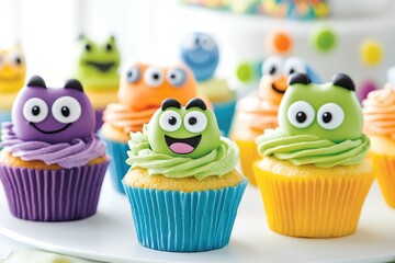 Colorful monster cupcakes with playful icing designs and cartoon eyes in a festive setting