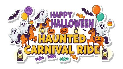 Happy Halloween Haunted Carnival Ride: An illustrated composition, colorful and celebratory, invites viewers to the festivities of a Halloween carnival, full of classic symbols.