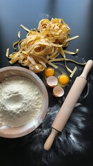Homemade pasta preparation with flour, eggs, and rolling pin