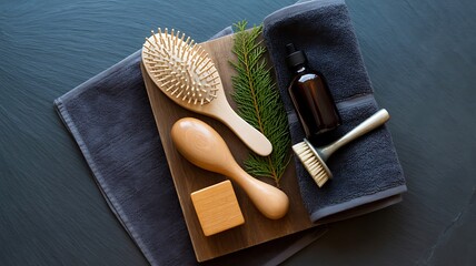 Natural grooming products with brush, towel, and essential oil