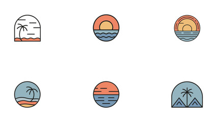 Modern oasis logo collection vector, minimalist tropical branding icons for hotels, spas, and resort, elegant vacation and luxury retreat identity design on white background