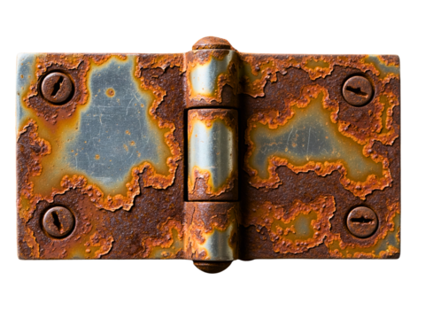 Close-up of an old heavily rusted metal door hinge with screws on a transparent background