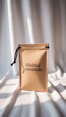 Minimal essentials in a drawstring bag with soft light and shadows
