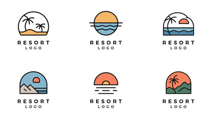 Elegant resort logo collection vector, minimalist hotel and beach resort branding icon, tropical vacation and travel business identity design set, luxury holiday brand illustration on white background