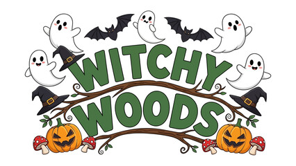 Obraz premium Witchy Woods: Festive Halloween Graphic: A captivating graphic presents a whimsical Halloween scene, featuring cheerful ghosts, ominous bats.