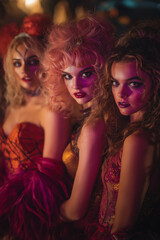 Naklejka premium Group of friends in elaborate Halloween costumes at house party, dramatic makeup and props, moody colored gel lighting, purple and orange tones, fashion editorial photography style, high contrast, sho