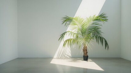 Palm tree in a pot with sunlight in a white room