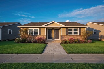 Compact two-family home featuring a concrete walkway through the front garden with blooming plants at the door