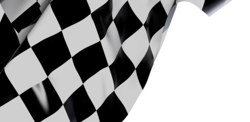 A close-up shot of a checkered racing flag waving against a white background. Ideal for sports and competition themes, finish lines.