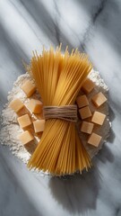 Uncooked spaghetti bundle with sugar cubes on flour and marble table
