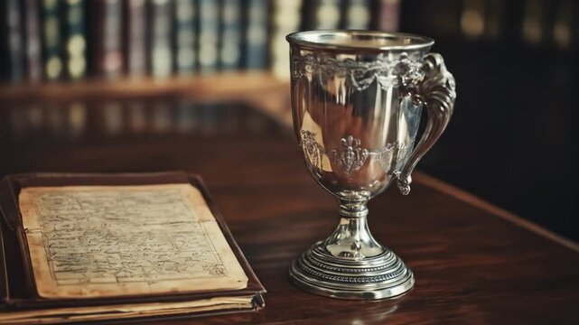 Silver chalice and aged book on wood surface