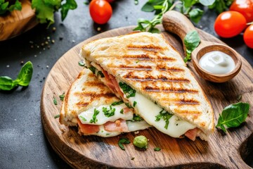 Gourmet grilled cheese with crispy bacon on toasted bread