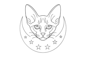 Outline cat face crescent moon with stars feline animal