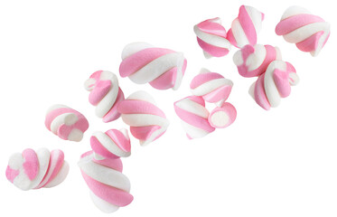 Flying Marshmallow candies isolated on white. High-Quality Levitating Marshmallows. Twisted colorful marshmallow Explosion. Top view. Flat lay. 