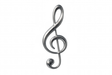Treble clef symbol becoming a metallic silver g-clef, representing music and sound on a transparent background