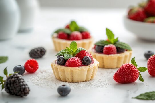 Custard Tartlets Topped with Mint and Mixed Berries